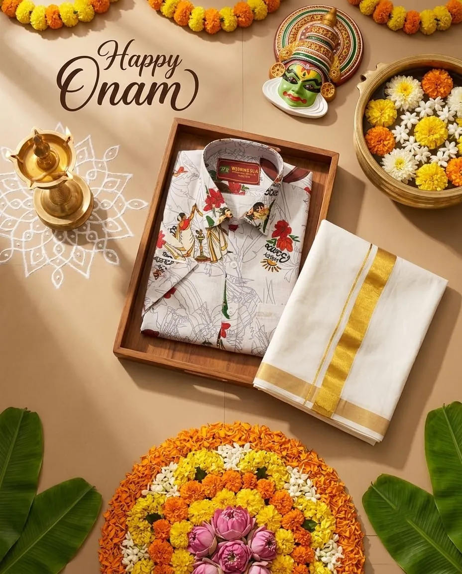 Kerala Ivory Floral Festive Gold Kara Mundu Dhoti Shirt Set